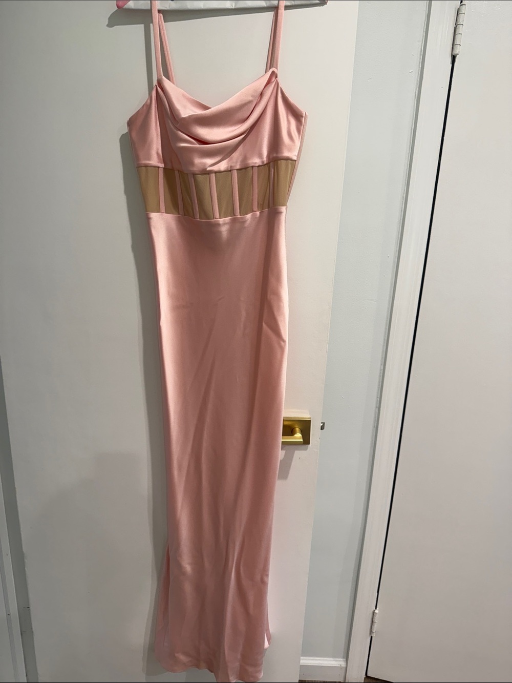 Alice + Olivia Blush Pink Cowl Neck Maxi Dress with Nude Mesh Insets